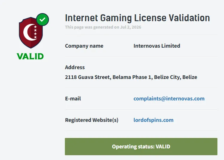 Lord of Spins casino licensia